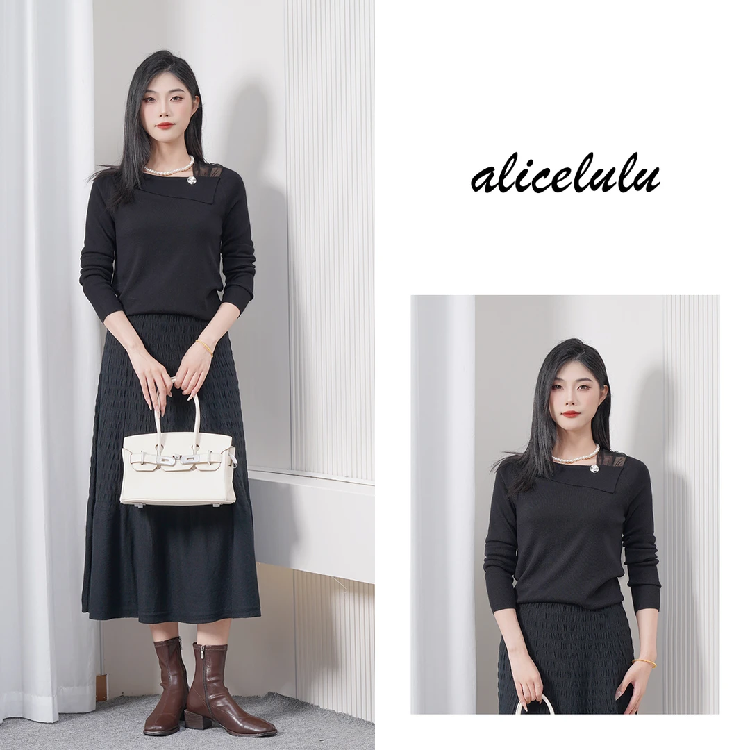 alicelulu【纱的密语】小心机针织衫斜领拼接网纱S2145097U