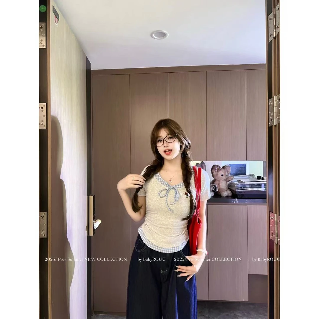 【夏日巡游记】温与柔小众气质夏季假两件学院风格纹显瘦短袖上衣