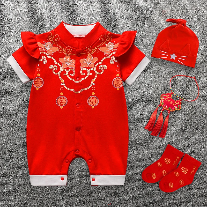 女婴儿满月宴礼服薄款夏季短袖连体衣服红色新生女宝宝百天宴哈衣