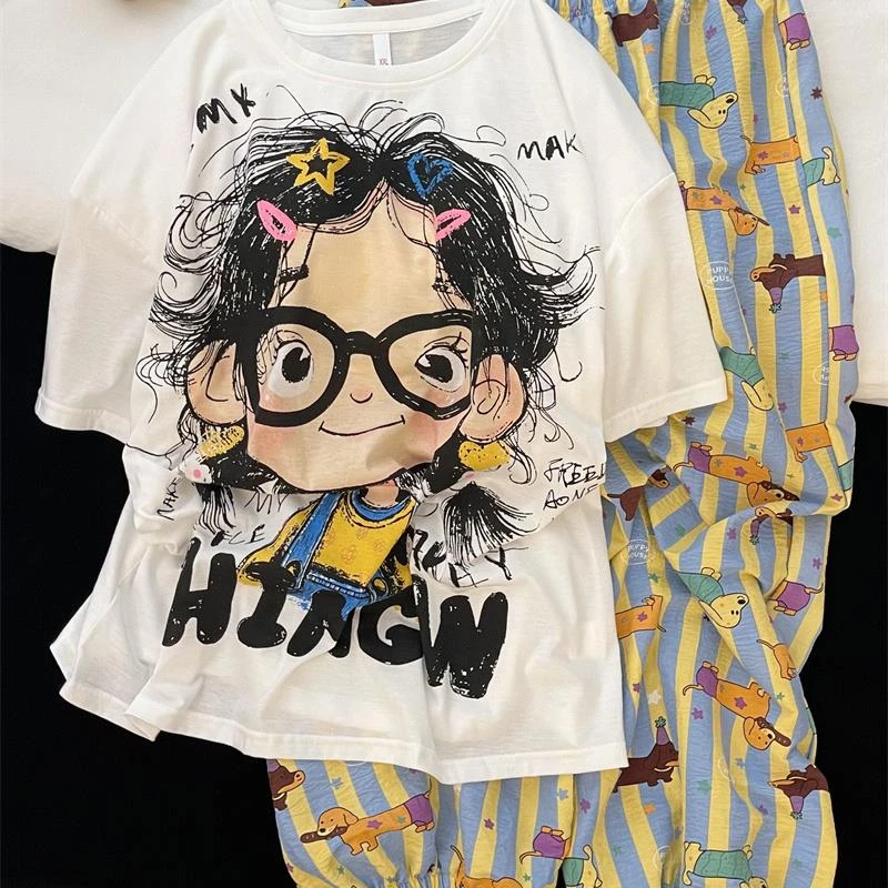 2025新款韩系可爱卡通女孩印花睡衣女夏短袖宽松长裤带胸垫家居服