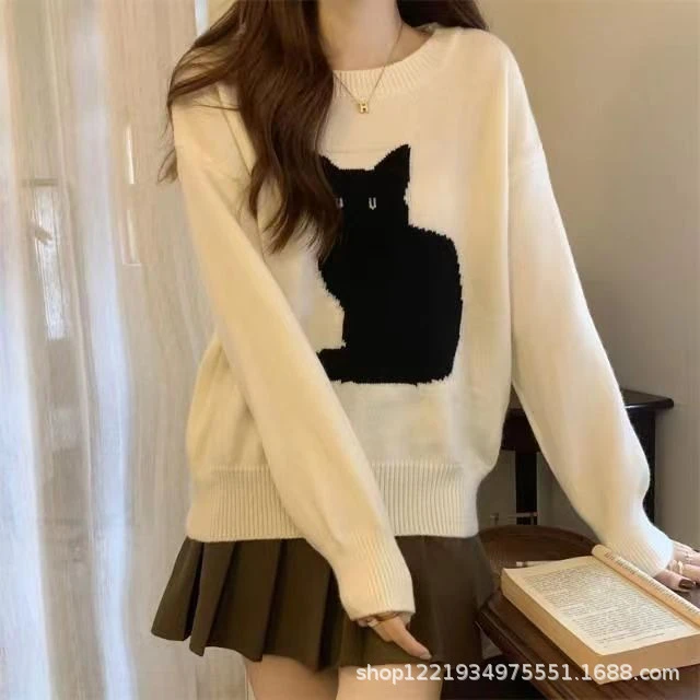 韩系黑色卡通猫咪圆领毛衣女20253秋冬新款宽松短款针织衫上衣