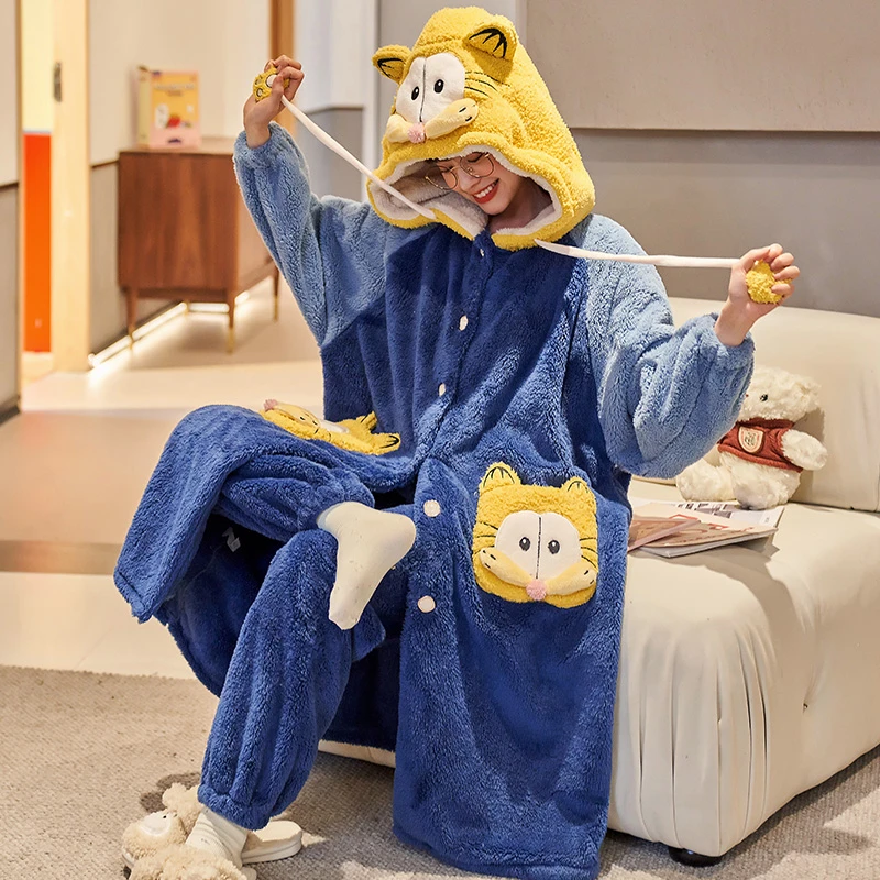 法兰绒睡袍女士秋冬季珊瑚绒睡衣女加厚保暖甜美家居服套装 2173