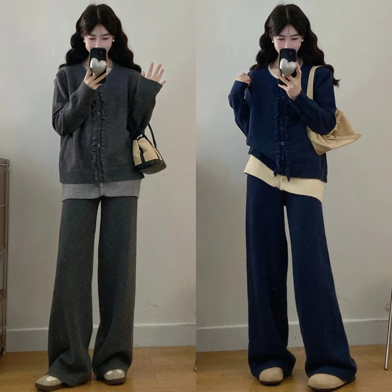 大码胖mm秋冬韩系木耳边假两件休闲针织毛衣开衫上衣+裤子套装女