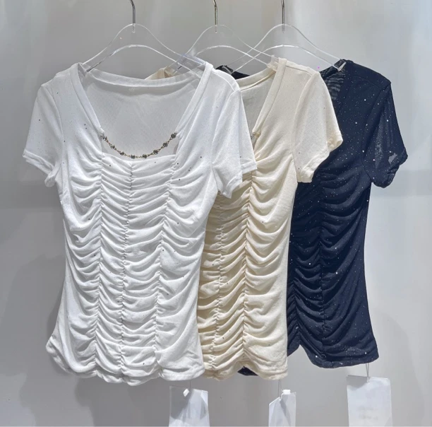 链子褶皱网纱短袖上衣