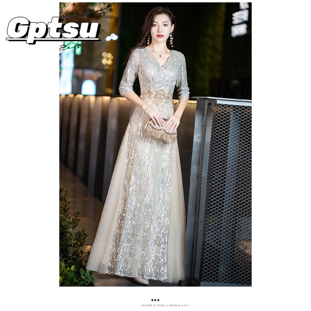 GPTSu珠片晚礼服敬酒服宴会气质优雅显瘦亮片长版主持年会礼服裙