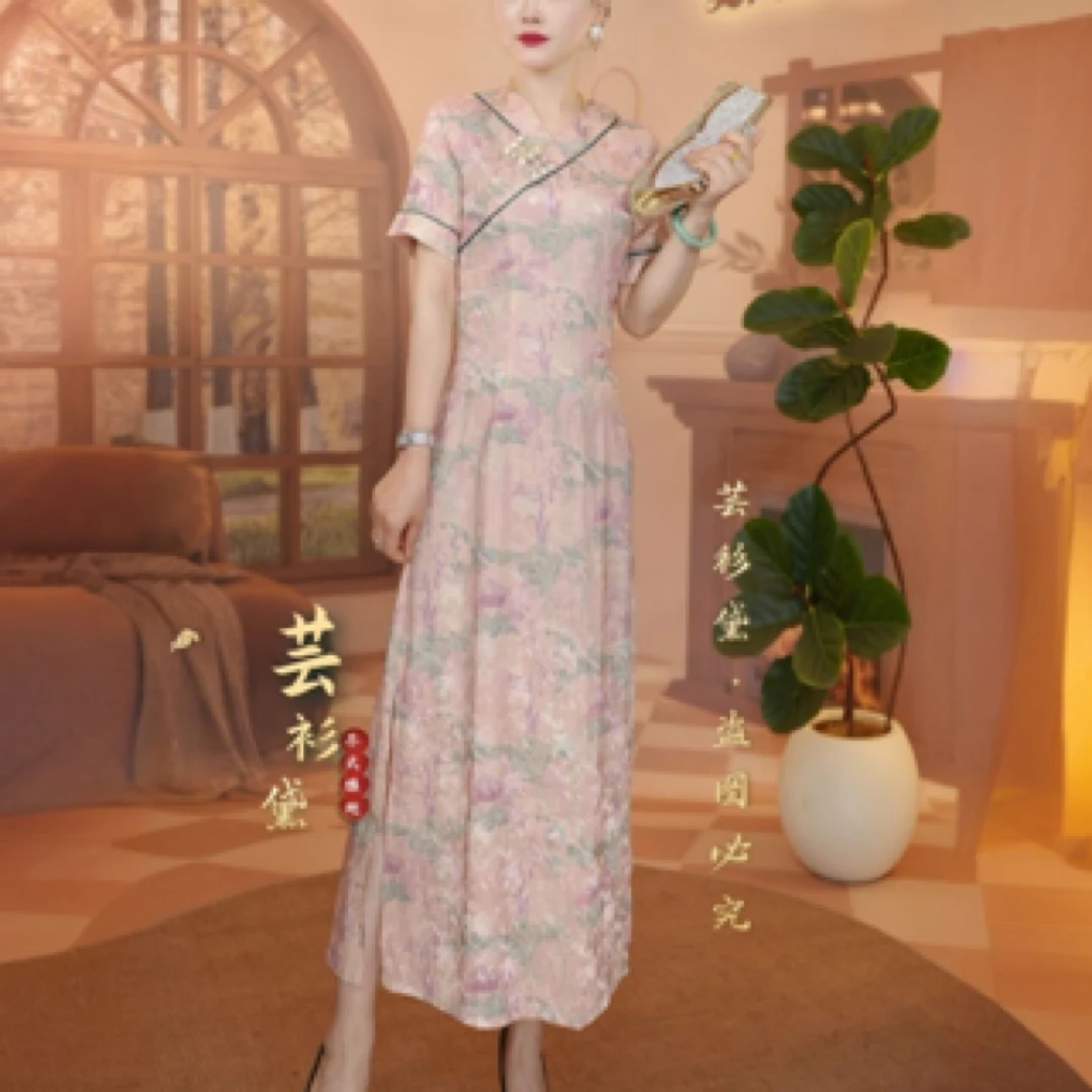 【微风，夏款V领】妈妈旗袍裙单层，国风改良中式显瘦连衣裙子爆款