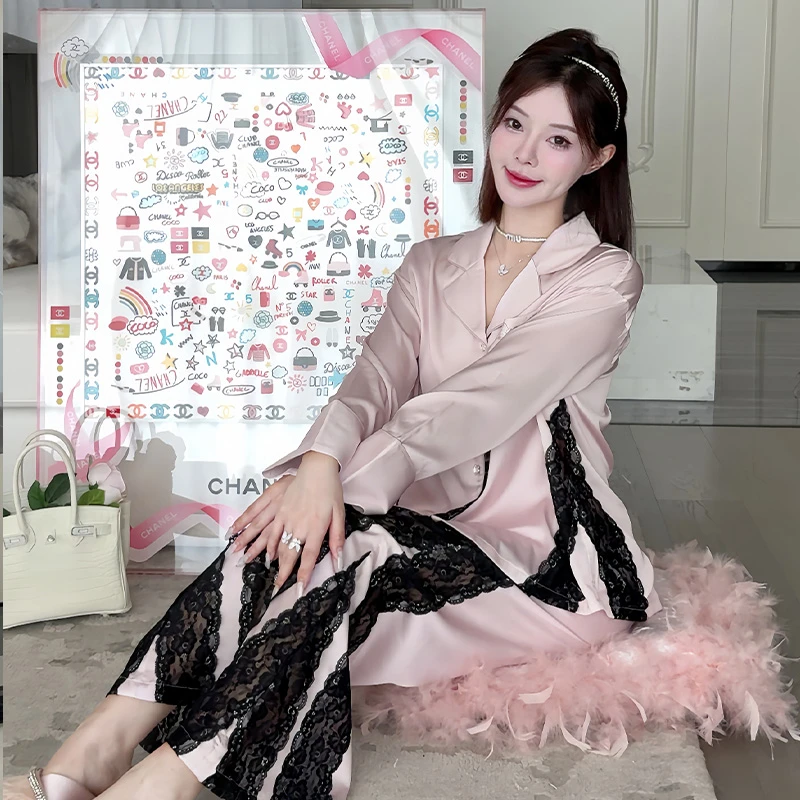 DIMDEVL汀黛 粉色天使春秋长袖水光缎拼接蕾丝家居服睡衣套装