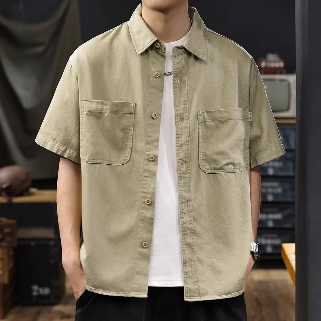 夏季薄款水洗牛仔工装短袖衬衫男士2025新款美式男款翻领休闲衬衣