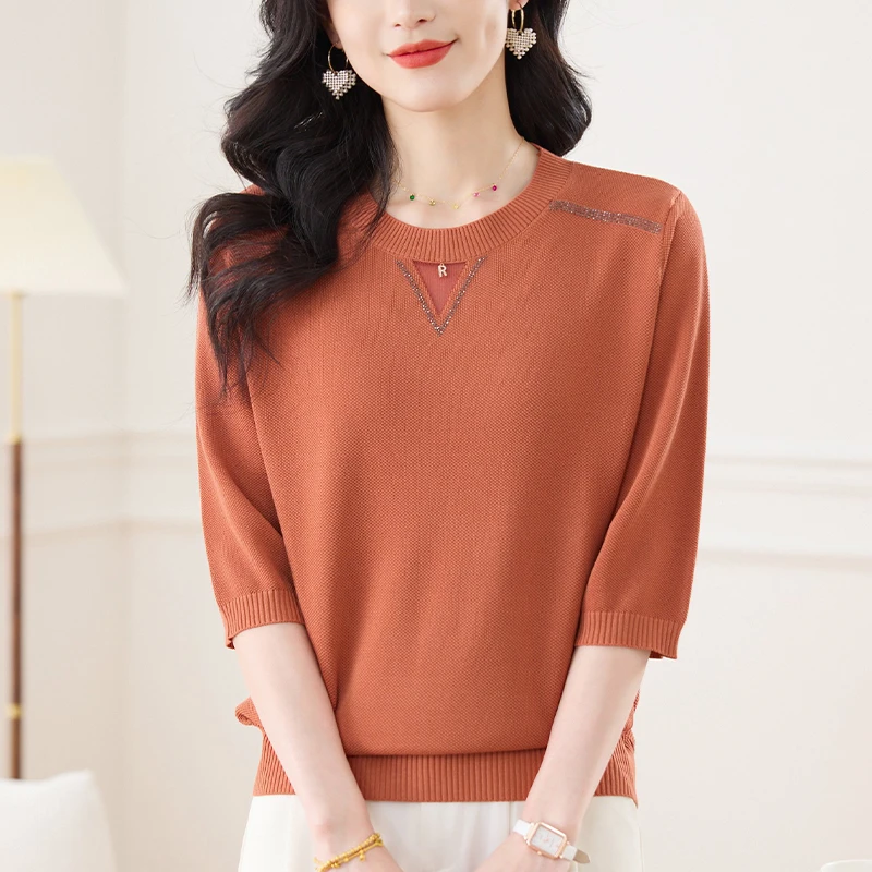 七分袖针织衫女士夏季大码遮肚子显瘦上衣春秋宽松百搭中袖打底衫