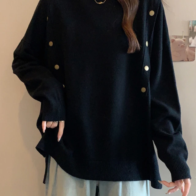 大码女装覆盖腹部，慵懒风格半高领针织秋冬女性，苗条的外观和时