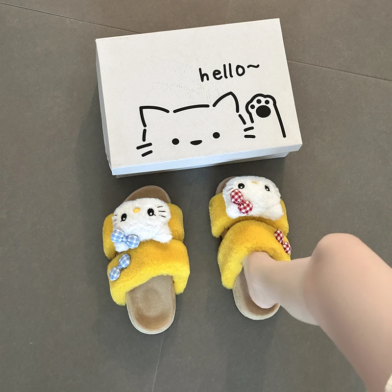 可爱卡通小猫毛毛拖鞋女2025秋冬新款外穿厚底增高一字简约棉拖鞋