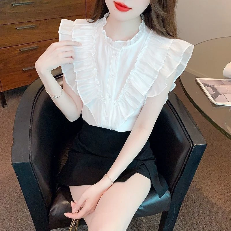无袖衬衫女2025年新款夏季别致漂亮小衫法式荷叶边飞飞袖雪纺上衣