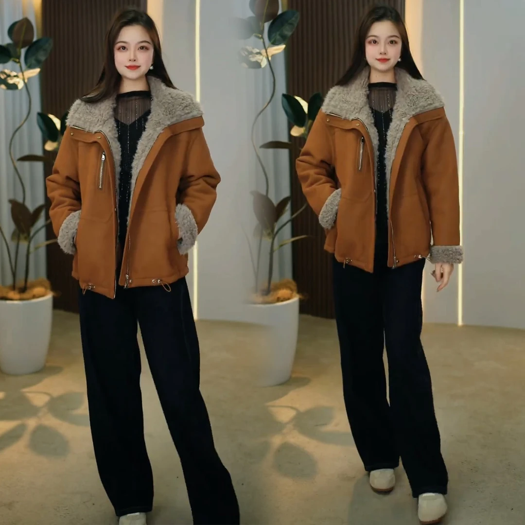时尚休闲麂皮绒短外套女2025冬季新款显瘦减龄百搭加绒加厚潮外套