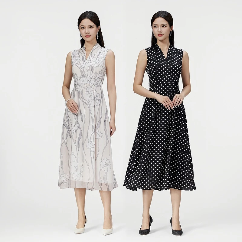 SUSSI/古色【巴黎旧梦】显瘦气质V领无袖收腰长中长款连衣裙