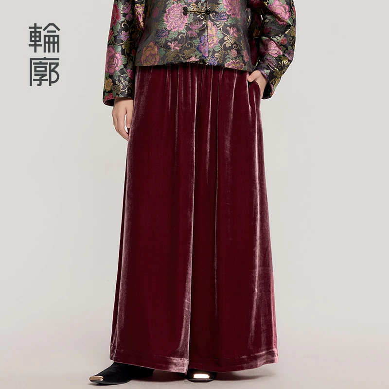 轮廓烟霞阔腿裤中式复古通勤百搭时尚休闲裤国风宽松红色L251K008