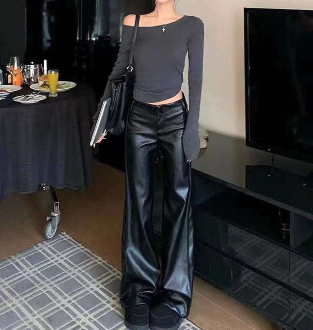 黑色秋冬爆款薄绒保暖裤欧美式辣妹风PU百搭休闲阔腿裤直筒皮裤潮