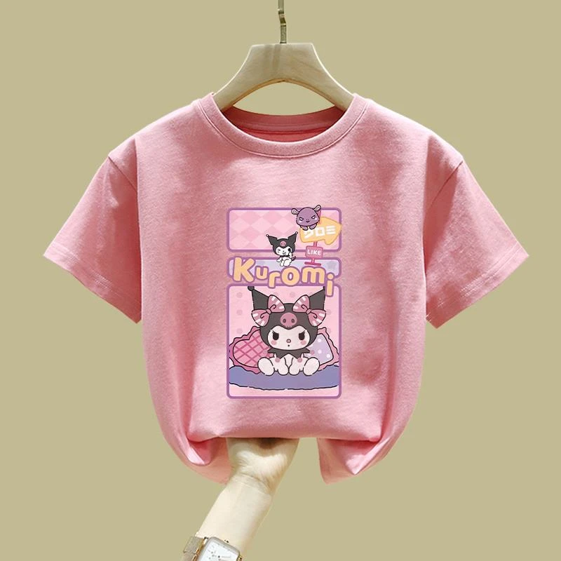 库洛米t恤女童夏季纯棉短袖2025新款爆款中大童儿童夏装粉色上衣
