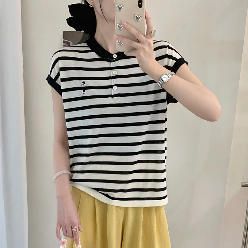 【香嘉怡新品】XJYE362072女士100莱赛尔小翻领套头条纹针织衫夏季