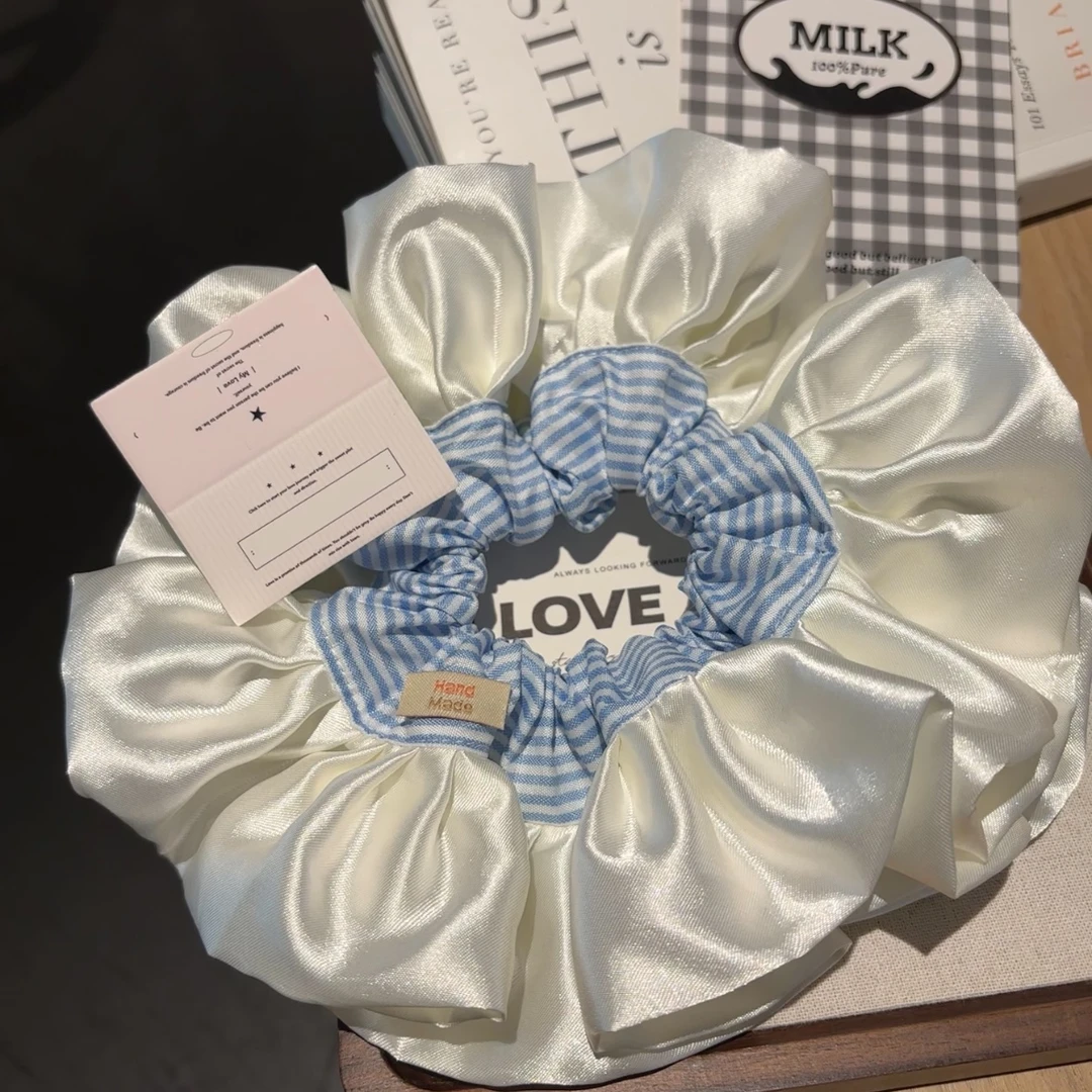 奶油缎面花边蓝条纹大号发圈芭蕾风拼接大肠圈丸子头绳发绳头饰品