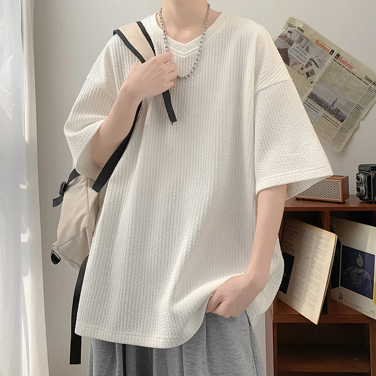 V领半袖T恤男士夏季新款时尚纯色V领纹理感短袖T恤男复古宽松上衣