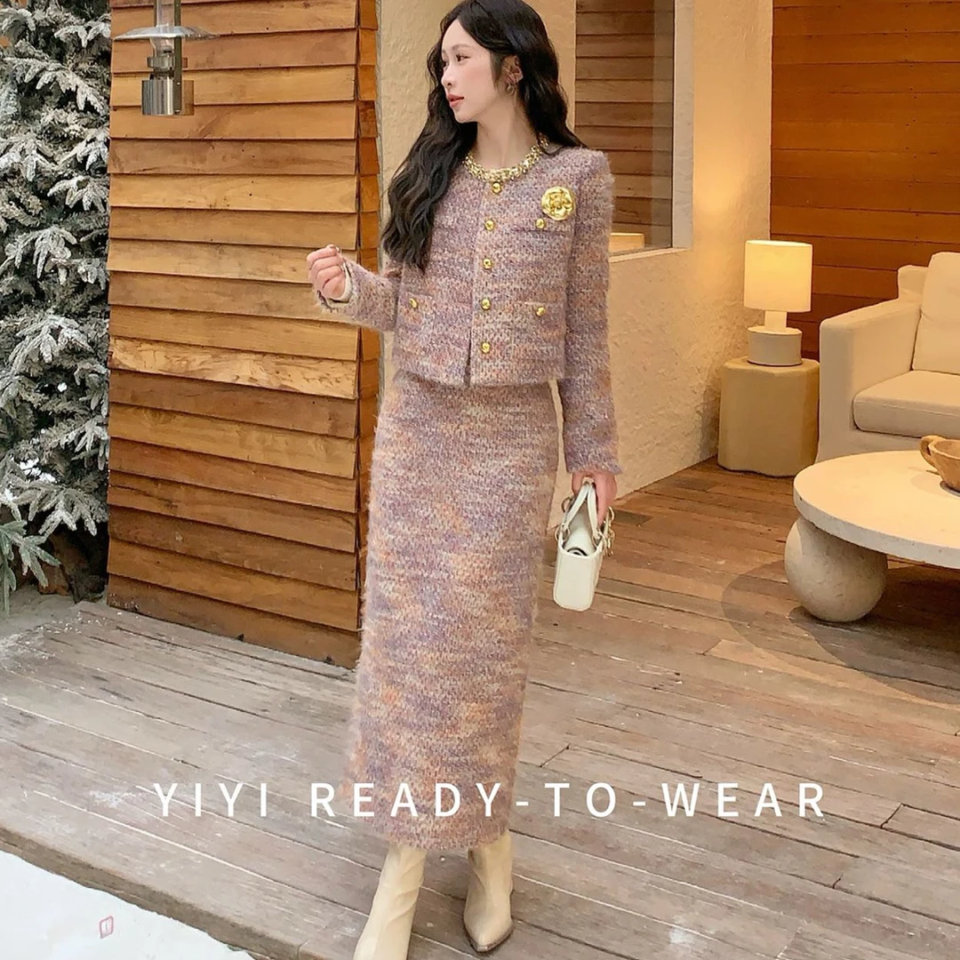 【晴儿家】秋冬复古大码小香风气质显瘦粗花呢外套半裙两件套25869