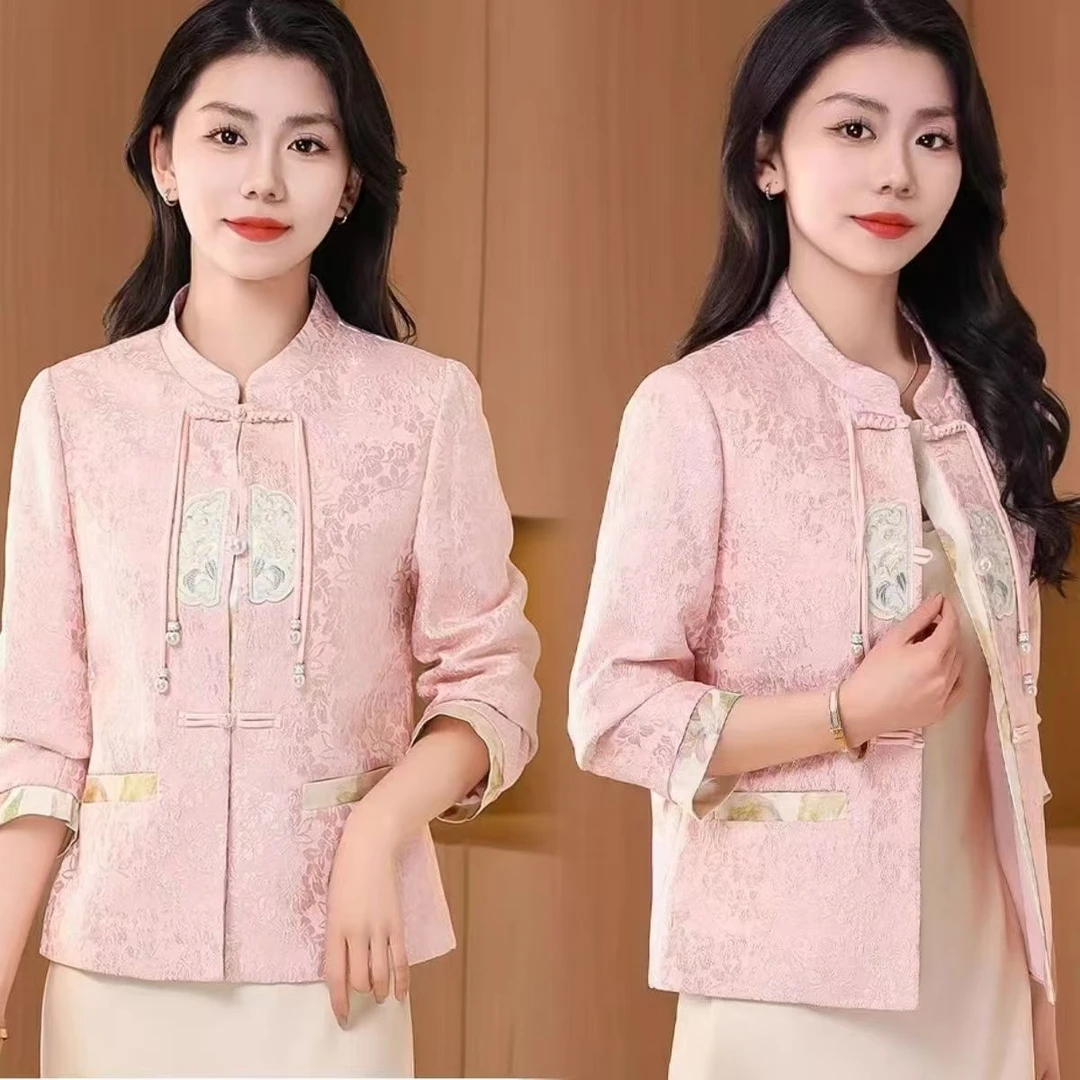 新中式国风盘扣外套女短款2025春秋季新款高端气质提花小香风上衣