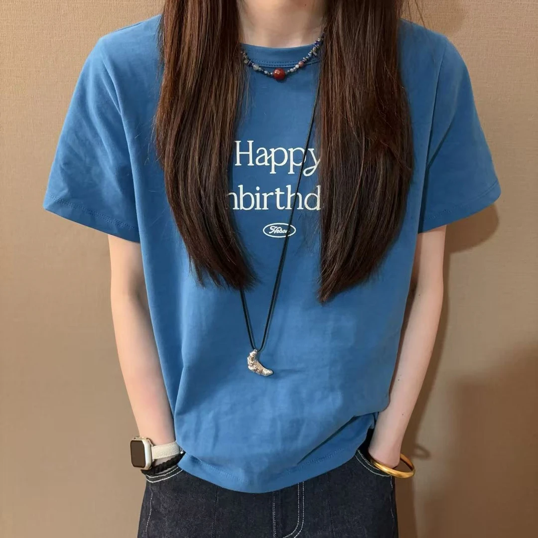 通勤圆领蓝色字母T恤