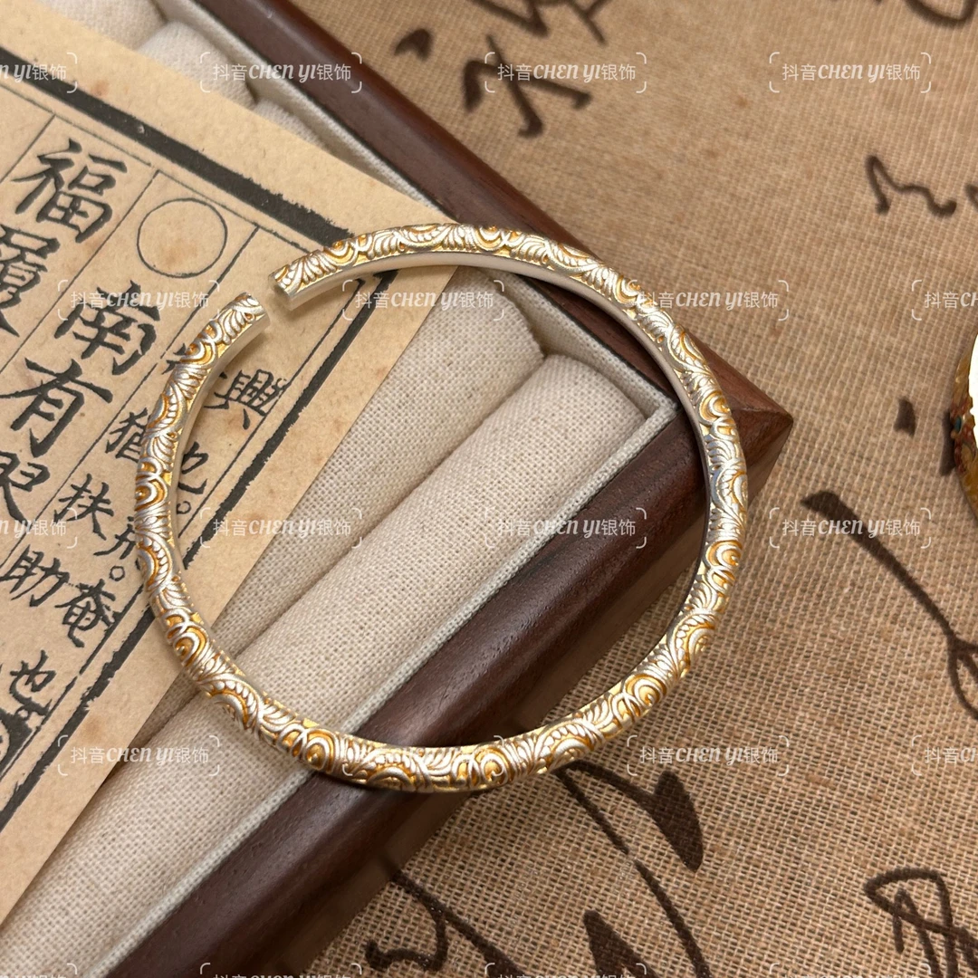 足银手镯 【唐金卷草】手工描金唐草纹开口