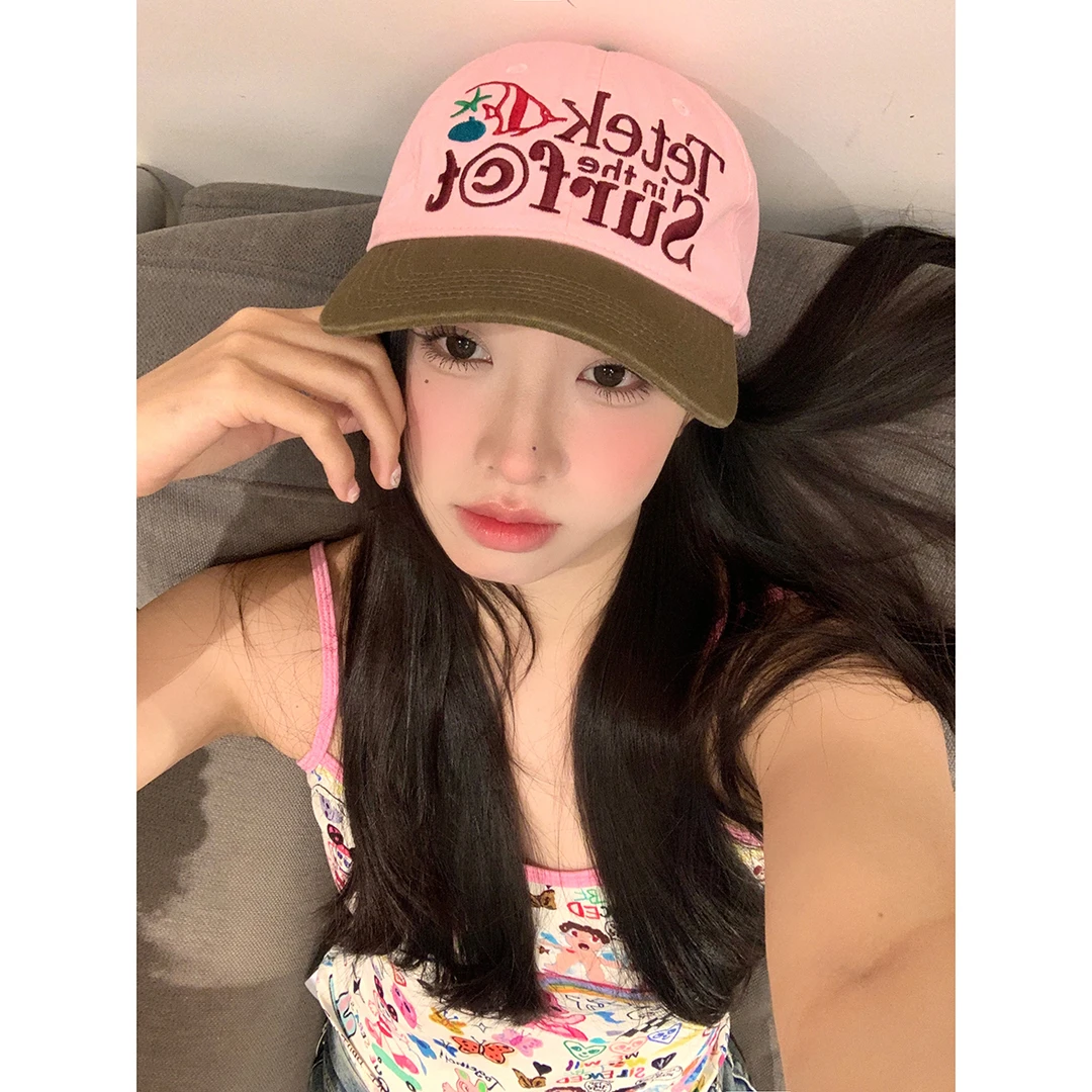 美式复古粉粽拼色字母刺绣棒球帽新款ins街头度假软顶遮阳鸭舌帽