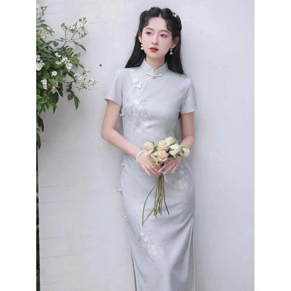 复古民国风蓝色素雅印花2025夏季新款改良年轻款少女连衣裙