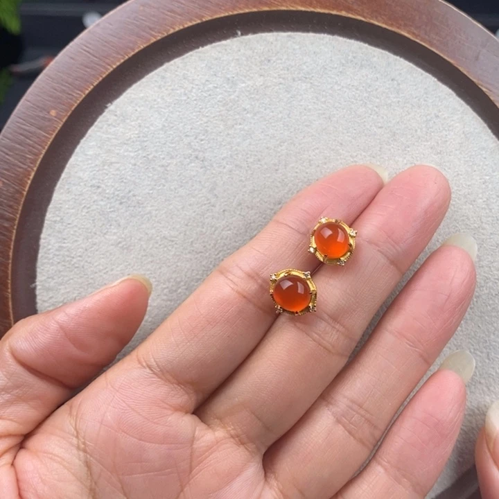 南红玛瑙银S925镶嵌耳钉