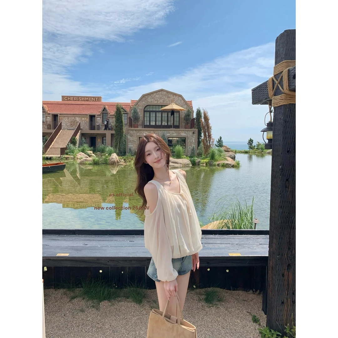 露肩花苞宽松甜美衬衫法式温柔气质雪纺长袖上衣秋季新款法式女装