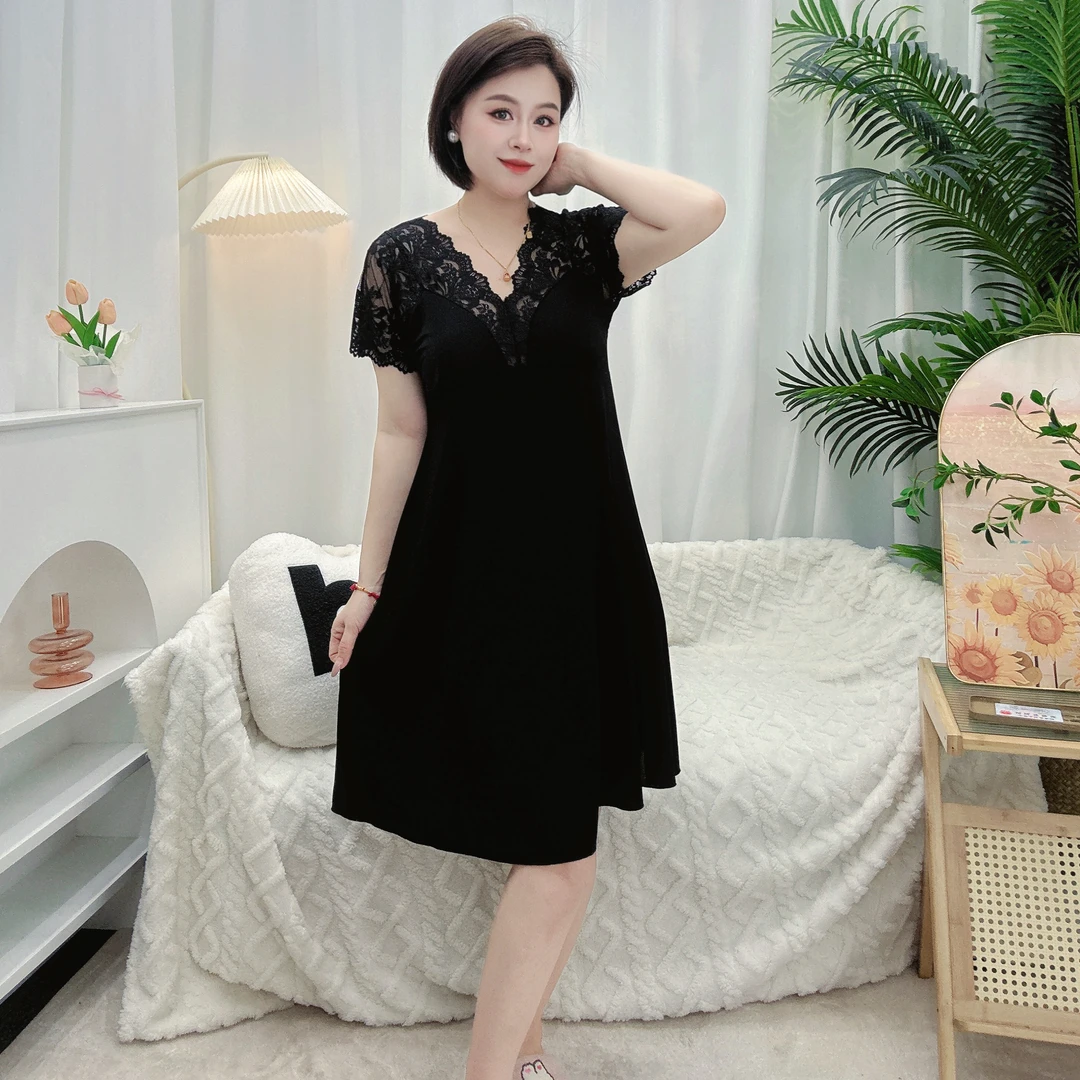 初初家性感纯欲蕾丝带胸垫夏季冰丝凉感女睡裙大码宽松显瘦可外穿