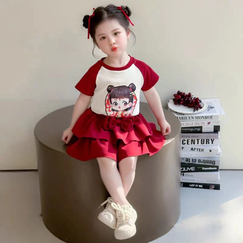 哪吒服装女童套装夏季2025新款儿童洋气短袖裙子两件套女宝宝夏装