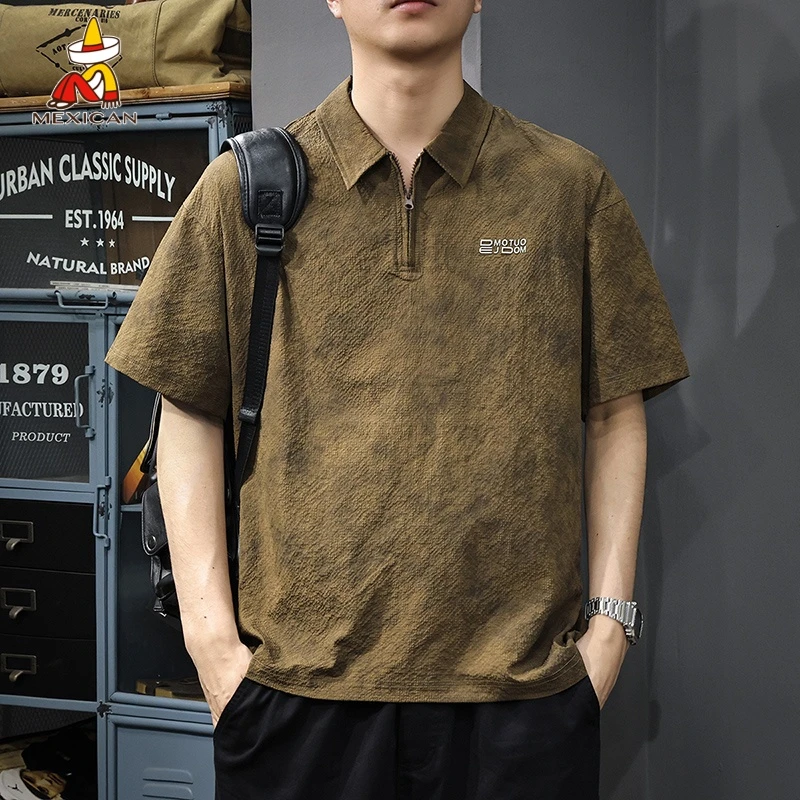 Mexican/稻草人美式休闲冰丝短袖polo衫男款夏季新款宽松痞帅衬衫