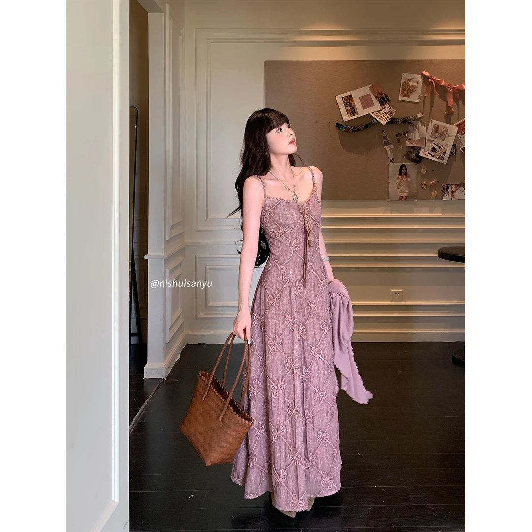 溺水三鱼【少女心事】法式气质绣花植绒花边V领连衣裙高腰吊带长裙