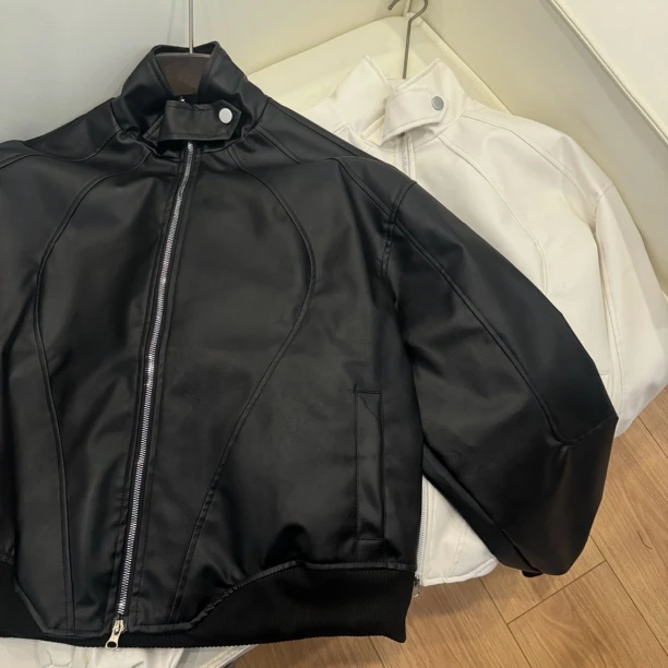 美式复古立领机车皮衣男女款夹棉潮牌设计感短款垫肩外套