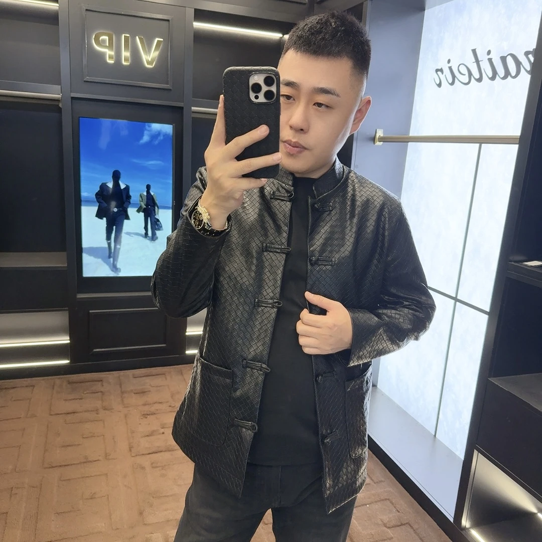 秋冬新版新中式唐装男士立领皮衣手工编织皮短款黑色修身型百搭款
