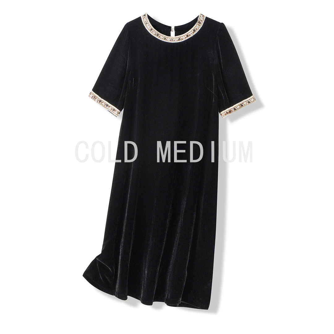 COLD MEDIUM重工订珠花边桑蚕丝真丝丝绒长款宽松显瘦连衣裙T10