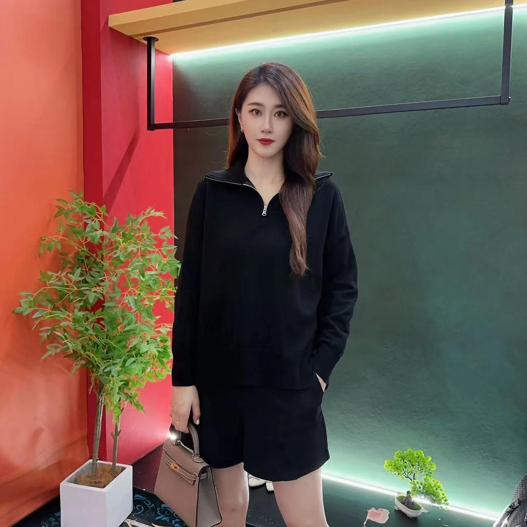 8003秋冬新款黑色半拉链翻领针织衫女 宽松显瘦休闲风上衣