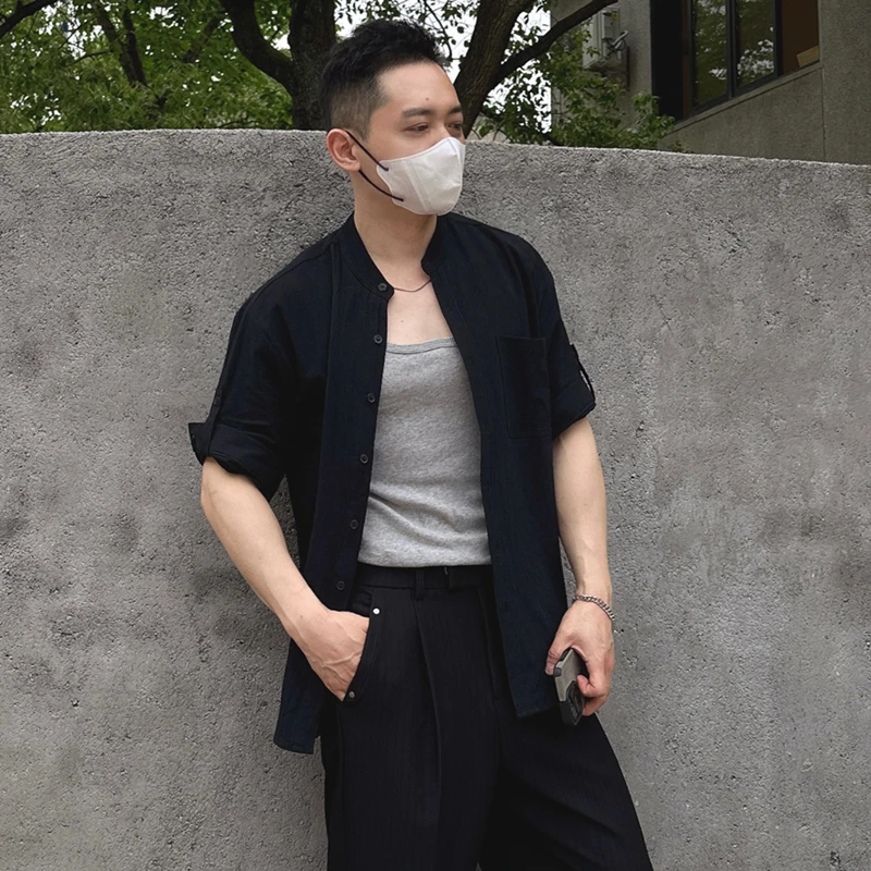 夏季新款肌理感立领五分袖衬衫黑色男中国风百搭休闲短袖衬衣外套