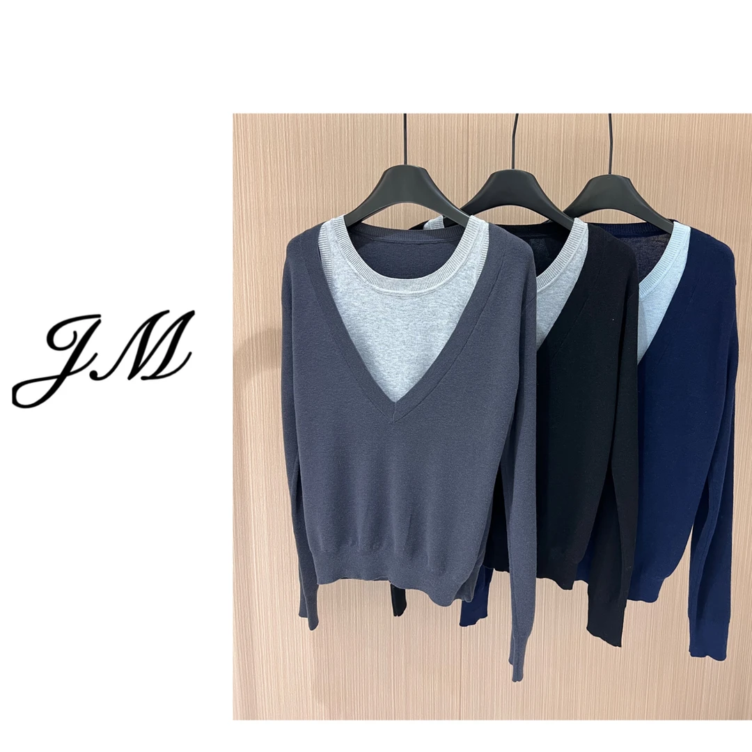 【天生尤物】深圳南油时尚圆领拼色假两件套头轻职风百搭针织上衣