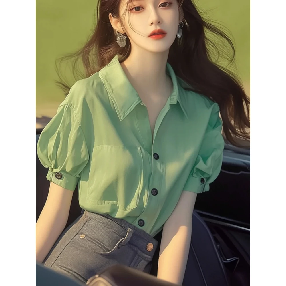 法式轻熟风小众设计感别致独特绝美小衫薄荷曼波风绿色短袖衬衫夏