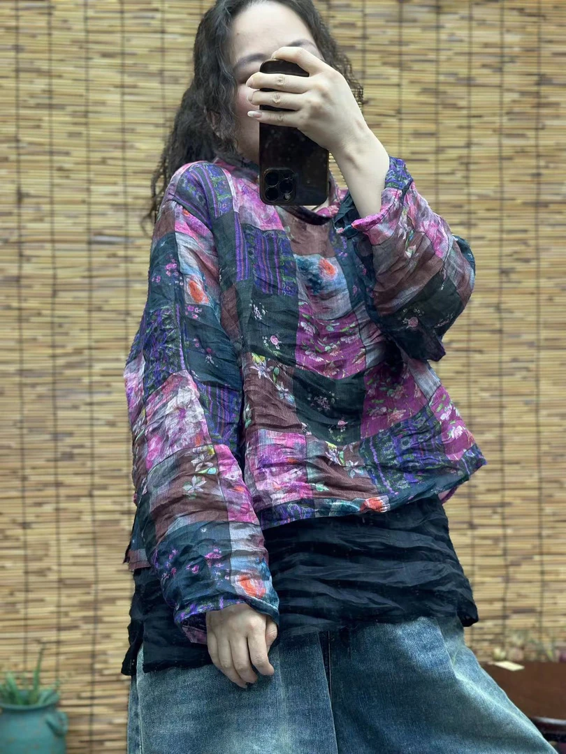 HY    微瑕疵百家布拼块木耳领苎麻上衣