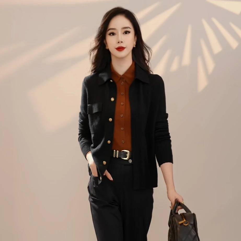 哥弟新款时尚翻领宽松单排扣小香风羊绒针织开衫女1499186