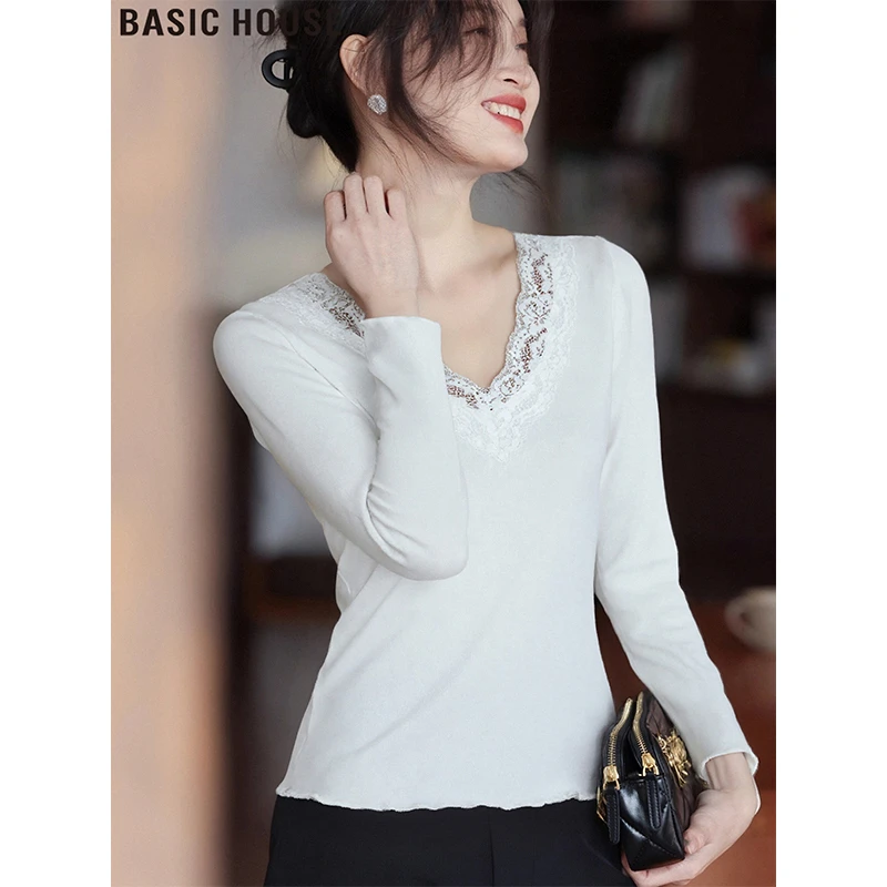 Basic House/百家好法式蕾丝V领长袖T恤加绒内搭打底衫女2025冬季