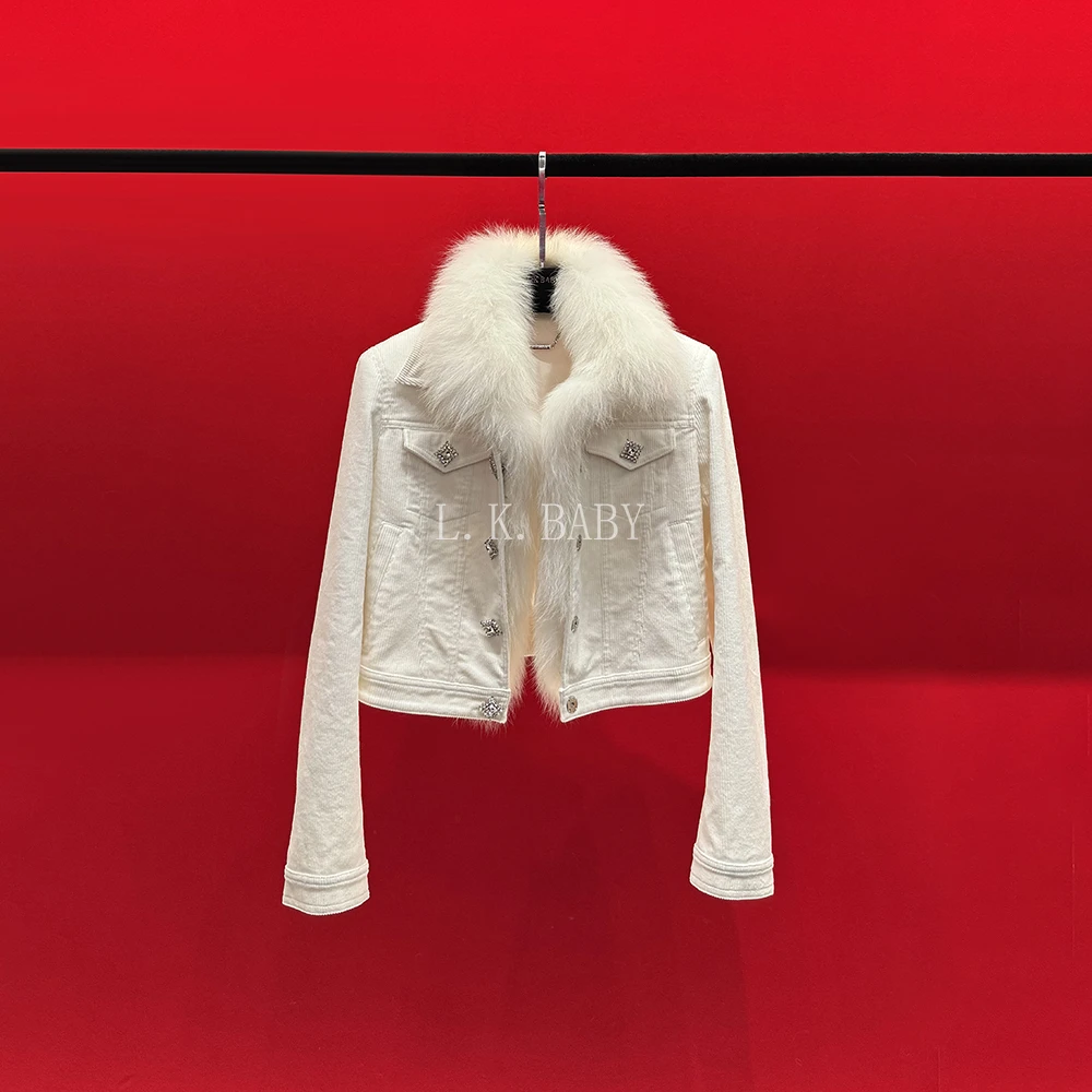 【L.KBABY】粉桃柔柔  法式名媛钻饰毛领灯芯绒毛毛外套