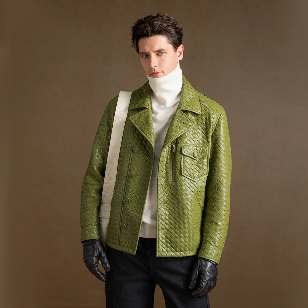 言吉轻奢羊皮编织夹克上衣高端潮流大翻领休闲男士外套YJ81253