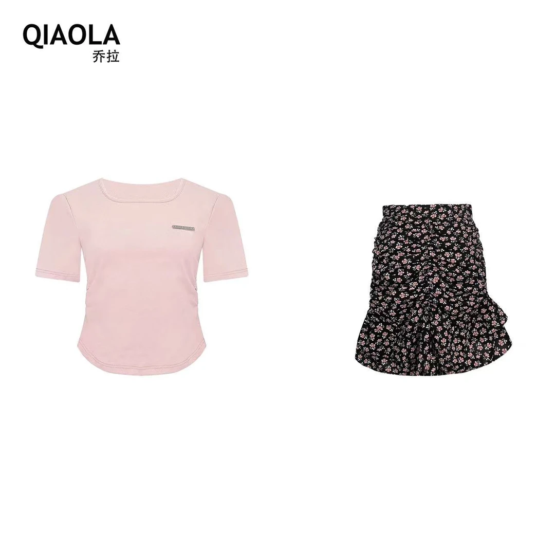 QIAOLA/乔拉【心动情人】夏款方领压褶碎花鱼尾摆轻奢减龄时尚套