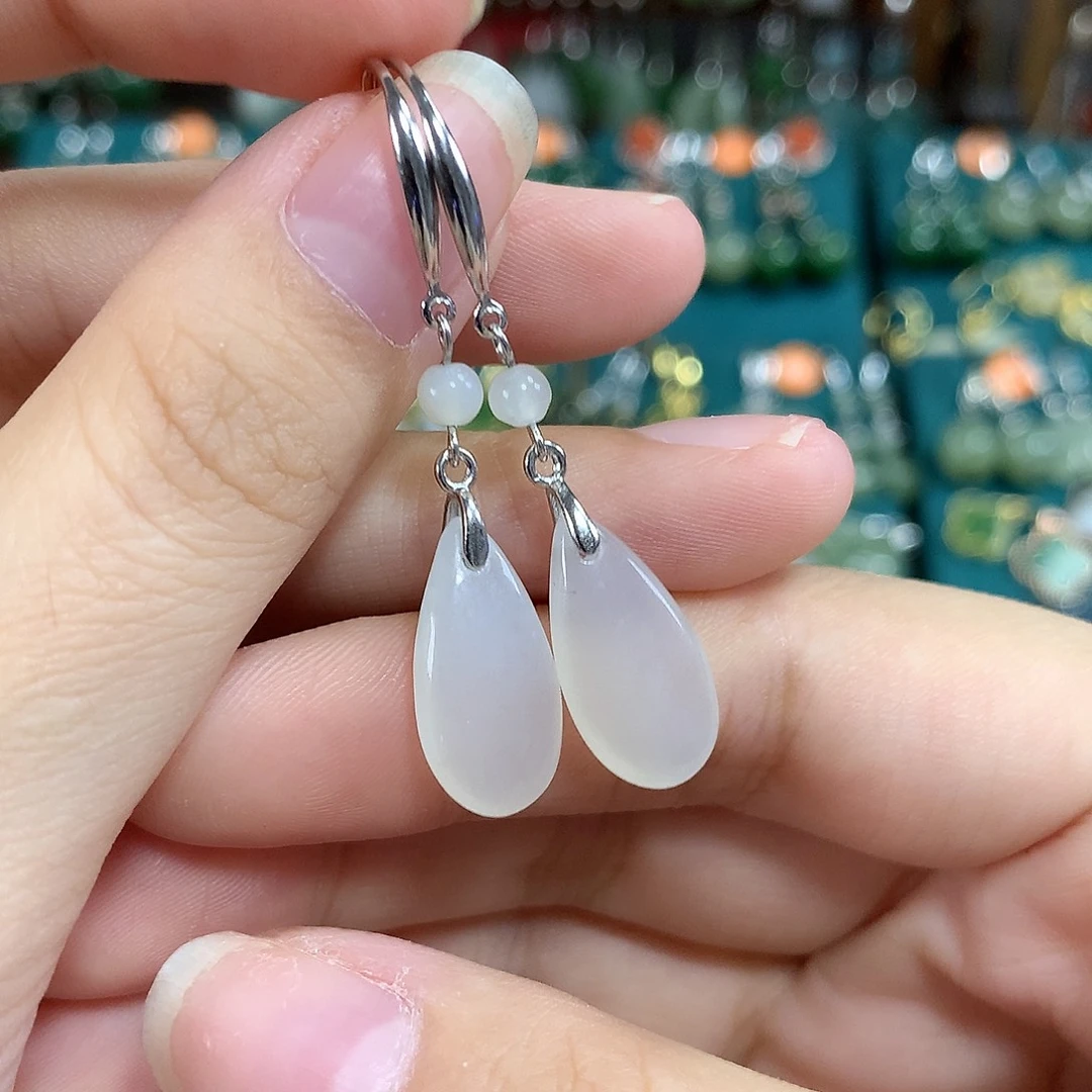 和田玉银S925镶嵌耳饰水滴卡18*9左右